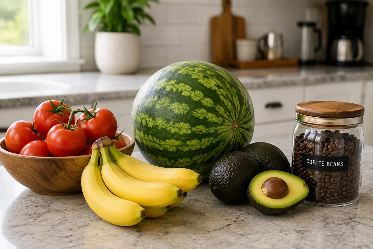food that shouldn't be refrigerated including tomatoes, bananas, watermelon, avocados, and coffee beans on a kitchen counter